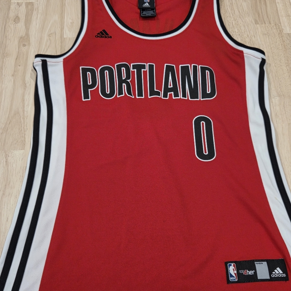 Ladies Adidas Portland Blazers Damian Lillard Red and Black #0 Basketball Jersey